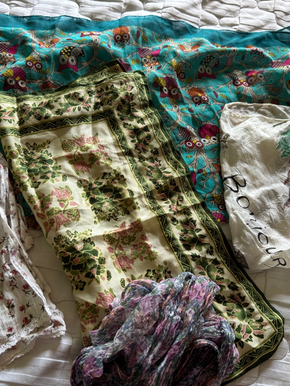 5 Dufferent Floral & Owl Pattern Lightweight Little Scarves - Teal, Cream, Green